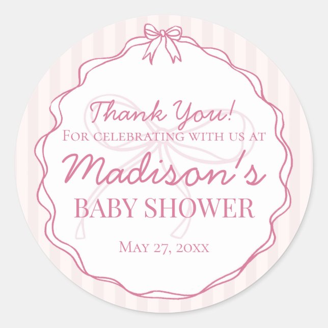 Pink Coquette Bow Pastel Striped Baby Shower Favou Classic Round Sticker (Front)