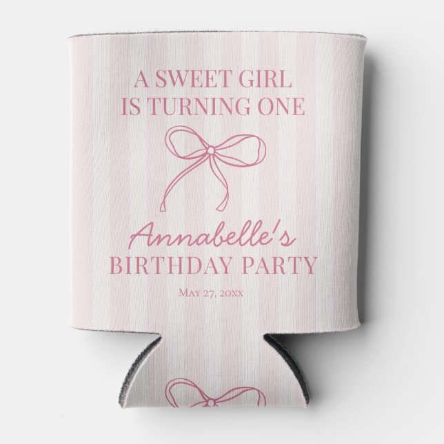 Pink Coquette Bow Pastel Striped Birthday Favour Can Cooler (Front)