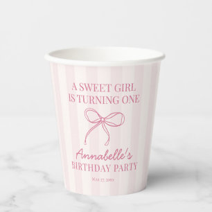 Pink Coquette Bow Pastel Striped Birthday Paper Cups