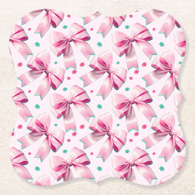 Pink Coquette Bow Pattern Paper Coaster (Front)