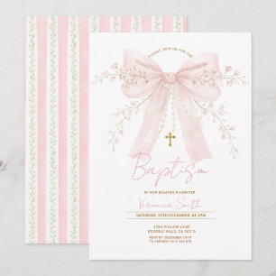 Pink Coquette Bow Pearls Baptism Christening Invitation