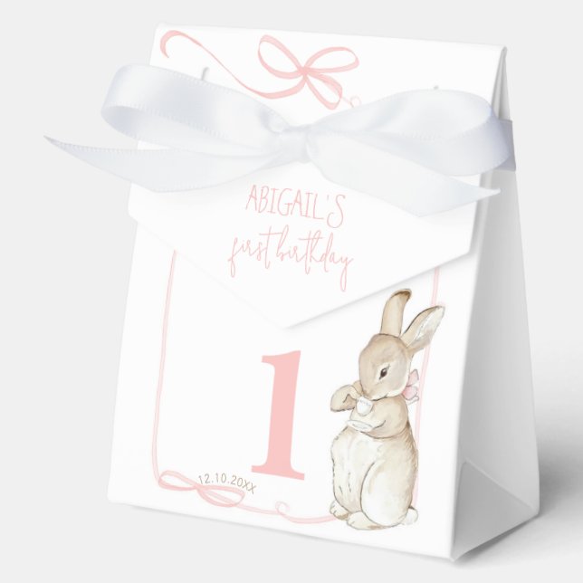 Pink Coquette Bow Peter the Rabbit 1st Birthday  Favor Box (Front)