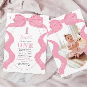 Pink Coquette Bow & Photo Ribbon 1st Girl Birthday Invitation
