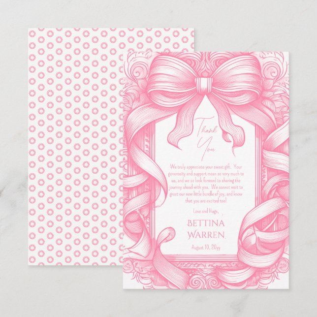 Pink Coquette Bow Ribbon Toile de Jouy Baby Shower Thank You Card (Front/Back)