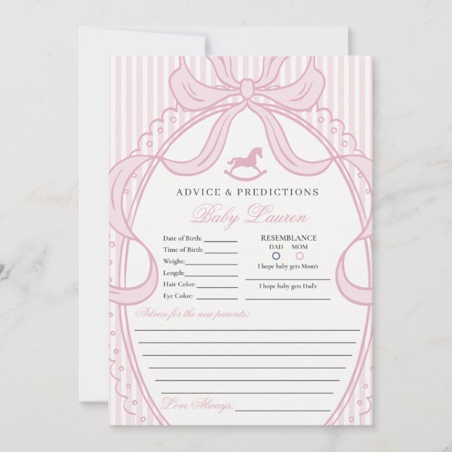 Pink Coquette Bow Rocking Horse Baby Advice Card (Front)