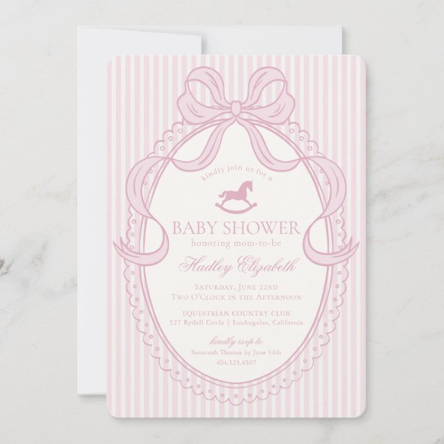 Pink Coquette Bow Rocking Horse Baby Shower Invitation (Front)