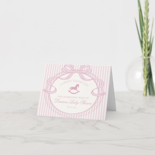 Pink Coquette Bow Rocking Horse Baby Thank You  Card (Front)