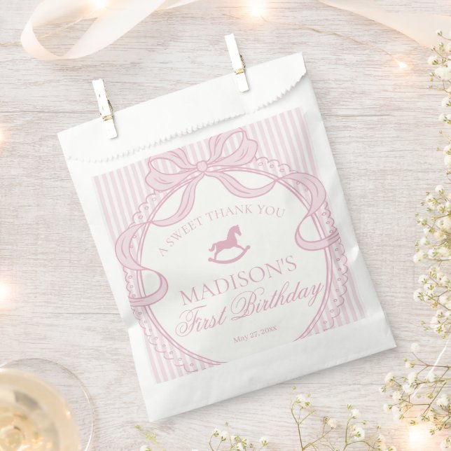 Pink Coquette Bow Rocking Horse Birthday Dessert Favour Bag (Clipped)