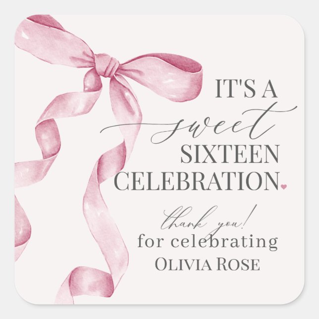Pink Coquette Bow Sweet 16 Birthday Party Favour Square Sticker (Front)