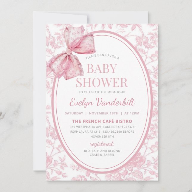 Pink Coquette Bow Toile Chinoiserie Baby Shower Invitation (Front)
