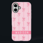 Pink Coquette Bows Modern Personalized Name Girly iPhone 16 Plus Case<br><div class="desc">Pink Coquette Bows Modern Personalized Name Girly iPhone 16 Plus Cases features your personalized name in a simple modern script typography with cute coquette bows. Perfect gift for her for birthday,  mom for Mother's Day,  sister or bestie for Christmas and holidays. Designed by ©2024 Evco Studio www.zazzle.com/store/evcostudio</div>