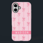Pink Coquette Bows Modern Personalized Name Girly iPhone 16 Plus Case<br><div class="desc">Pink Coquette Bows Modern Personalized Name Girly iPhone 16 Plus Cases features your personalized name in a simple modern script typography with cute coquette bows. Perfect gift for her for birthday,  mom for Mother's Day,  sister or bestie for Christmas and holidays. Designed by ©2024 Evco Studio www.zazzle.com/store/evcostudio</div>