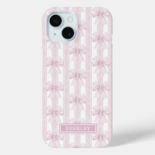Pink Coquette Bows on Stripes Monogrammed iPhone 15 Case
