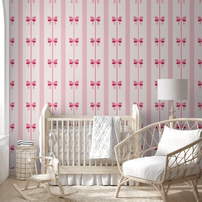 Pink Coquette Bows Stripe Peel and Stick Wallpaper (Kids)