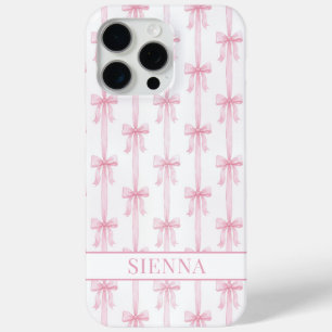 Pink Coquette Bows Striped Monogrammed iPhone 15 Pro Max Case