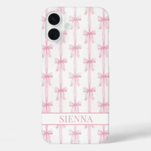 Pink Coquette Bows Striped Monogrammed iPhone 16 Plus Case