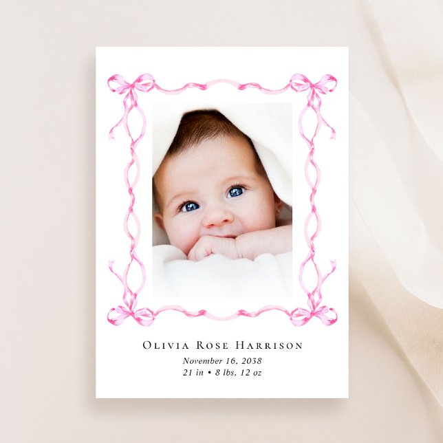 Pink Coquette Bows Watercolor Photo Girl Birth Announcement (Creator Uploaded)