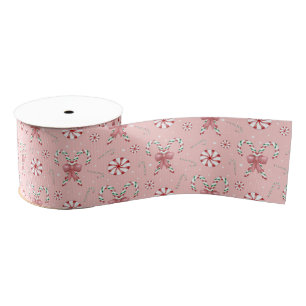 Pink Coquette Candy Cane Pattern Holiday Grosgrain Ribbon