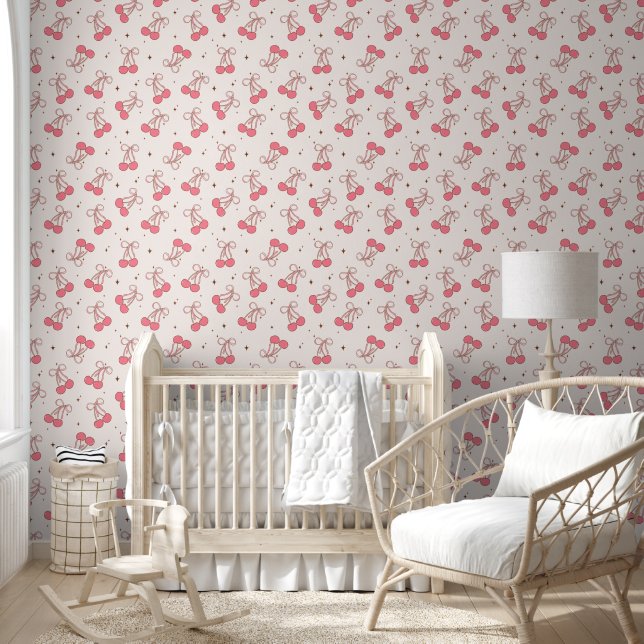 Pink Coquette Cherry Bow Pattern Wallpaper (Kids)