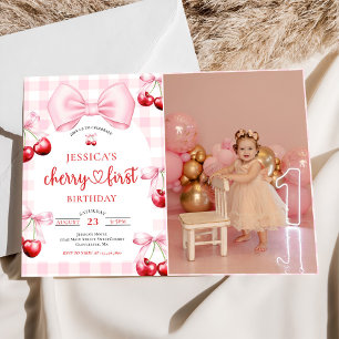 Pink Coquette Cherry First Birthday Party Photo Invitation
