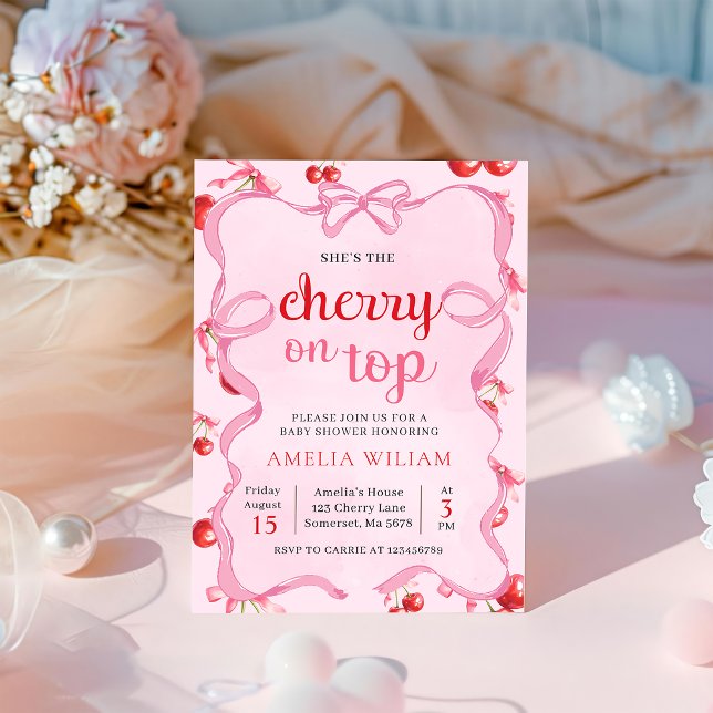 Pink Coquette Cherry on Top Baby Shower Invitation (Creator Uploaded)