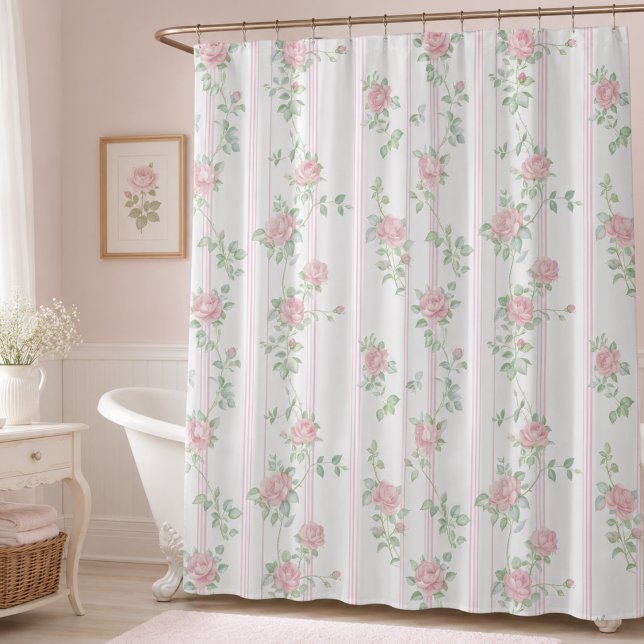 Pink Coquette Floral (elegant shabby chic girly pale pink floral coquette rose stripe shower curtain)