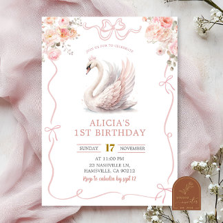 Pink Coquette Girl Crowned Swan Birthday Invitation