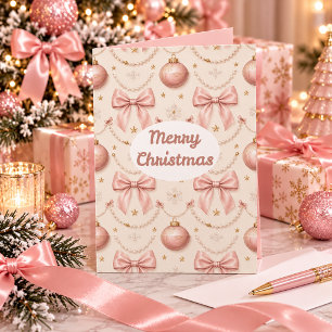 Pink Coquette Merry Christmas Bows & Pearls Holida Card