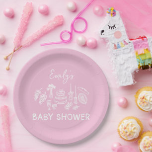 Pink coquette modern hand drawn baby shower paper plate