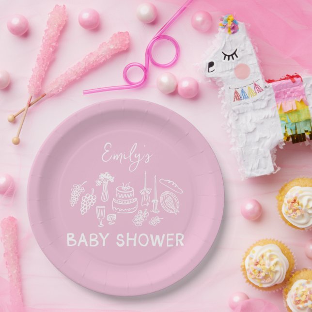 Pink coquette modern hand drawn baby shower paper plate (Party)