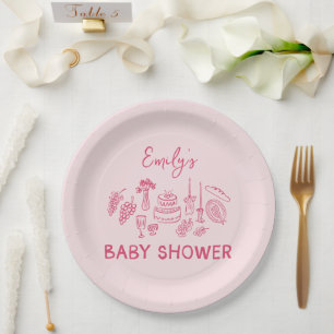 Pink coquette modern hand drawn baby shower paper plate