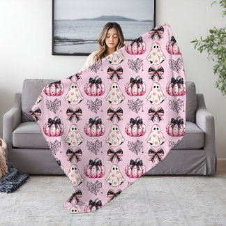 Pink Coquette Pumpkin Ghosts Halloween Pattern Fleece Blanket