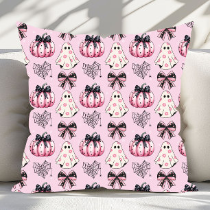 Pink Coquette Pumpkin Ghosts Halloween Pattern Throw Pillow