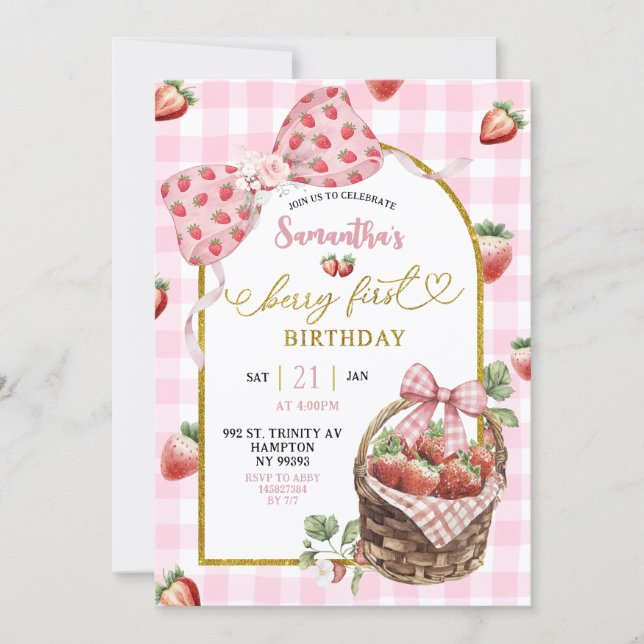 Pink Coquette Strawberry Gingham First Birthday Invitation (Front)