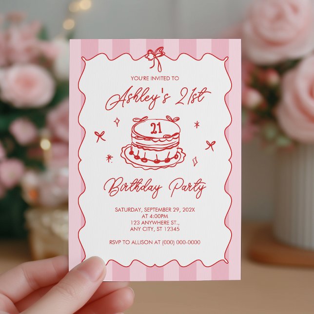 Pink Coquette Striped Vintage Bow 21st Birthday Invitation (Creator Uploaded)
