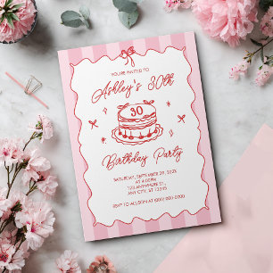 Pink Coquette Striped Vintage Hand Drawn Birthday Invitation