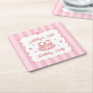 Pink Coquette Striped Vintage Hand Drawn Birthday Square Paper Coaster
