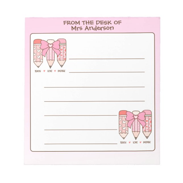 Pink Coquette Valentine Teacher Pencil Custom Notepad (Front)