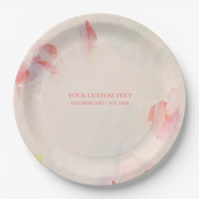 Pink & Coral Abstract Art Painting Custom Text   Paper Plate (Front)