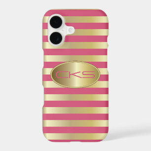 Pink Coral and Gold Stripes Monogrammed