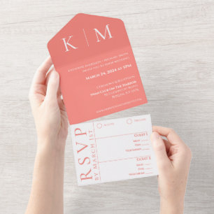 Pink Coral and White-Monogram-Modern-Wedding- All In One Invitation