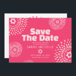 Pink Coral Bat Mitzvah Bold Starburst Cool Modern Save The Date<br><div class="desc">Make sure all your friends and relatives will be able to celebrate your daughter’s milestone Bat Mitzvah! Send out this fun, boho retro, personalized “Save the Date” announcement card. Retro white and blush pink flower starbursts with Stars of David, as well as bold modern blush pink and white sans serif...</div>