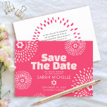 Pink Coral Bat Mitzvah Bold Starburst Cool Modern Save The Date<br><div class="desc">Make sure all your friends and relatives will be able to celebrate your daughter’s milestone Bat Mitzvah! Send out this fun, boho retro, personalized “Save the Date” announcement card. Retro white and blush pink flower starbursts with Stars of David, as well as bold modern blush pink and white sans serif...</div>