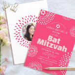 Pink Coral Bat Mitzvah Photo Bold Starburst Groovy Invitation<br><div class="desc">Be proud, rejoice and showcase this milestone of your favourite Bat Mitzvah with this fun, trendy, groovy, personalized invitation! Retro white and blush pink flower starbursts with Stars of David, as well as bold modern blush pink and white sans serif typography, overlay a bright coral pink background. On the back,...</div>