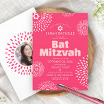 Pink Coral Bat Mitzvah Photo Starburst Bold Groovy Invitation<br><div class="desc">Be proud, rejoice and showcase this milestone of your favourite Bat Mitzvah with this fun, trendy, groovy, personalized invitation! Retro white and blush pink flower starbursts with Stars of David, as well as bold modern blush pink and white sans serif typography, overlay a bright coral pink background. On the back,...</div>