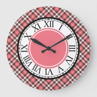 Pink Coral, Black, and White Plaid Large Clock