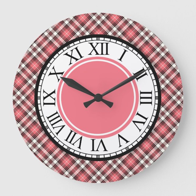Pink Coral, Black, and White Plaid Large Clock (Front)