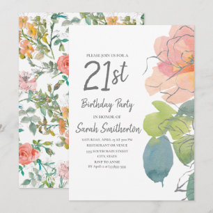 Pink Coral Boho Watercolor Floral 21st Birthday Invitation