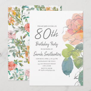 Pink Coral Boho Watercolor Floral 80th Birthday Invitation
