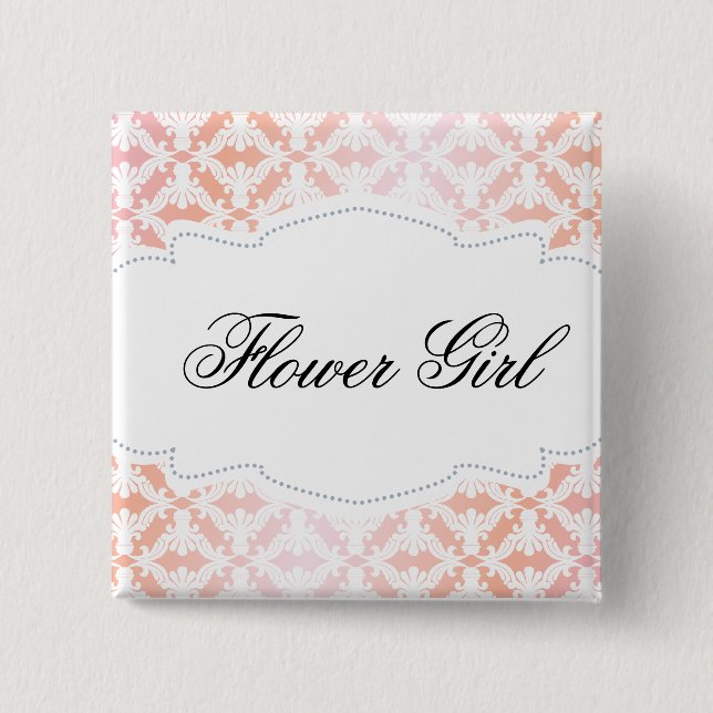 Pink & Coral Damask Flower Girl 2 Inch Square Button (Front)